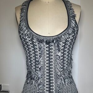 Ronny Kobo Power Knit Dress Black White Zigzag Fringe Bodycon